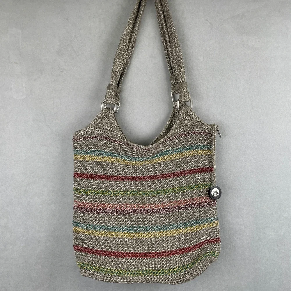 The‎ Sak Belle Crochet Hobo Bag Striped Taupe Multicolor Y2K Hippie Shoulder Bag
